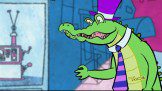 A cartoon crocodile wearing a hat and tie.