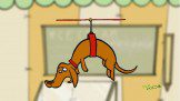 A cartoon of a dachshund hanging from a rope.