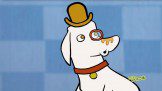 A cartoon dog wearing glasses and a hat.