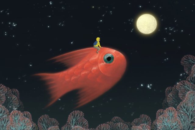 A red fish is flying in the night sky.