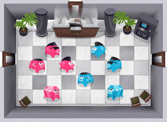 A chess game with pink and blue pigs on a chess board.