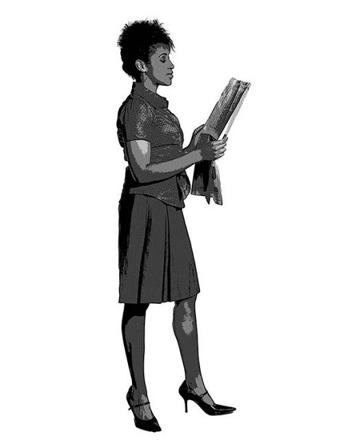 A woman in a skirt is holding a newspaper.