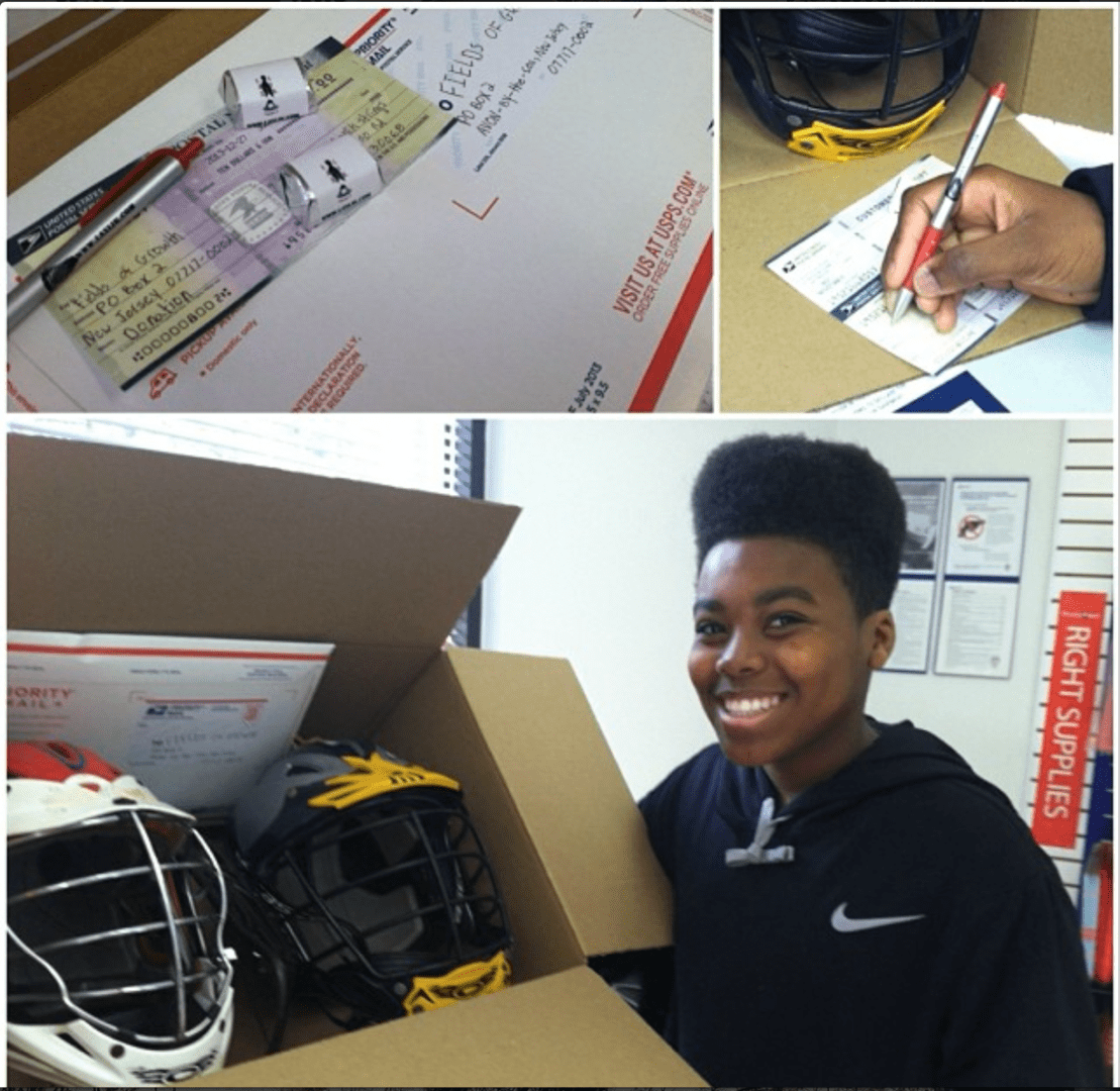A collage of photos showing a boy with a hockey helmet in a box.