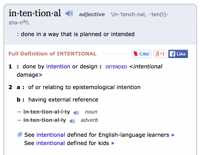 The definition of the word 'intentional'.