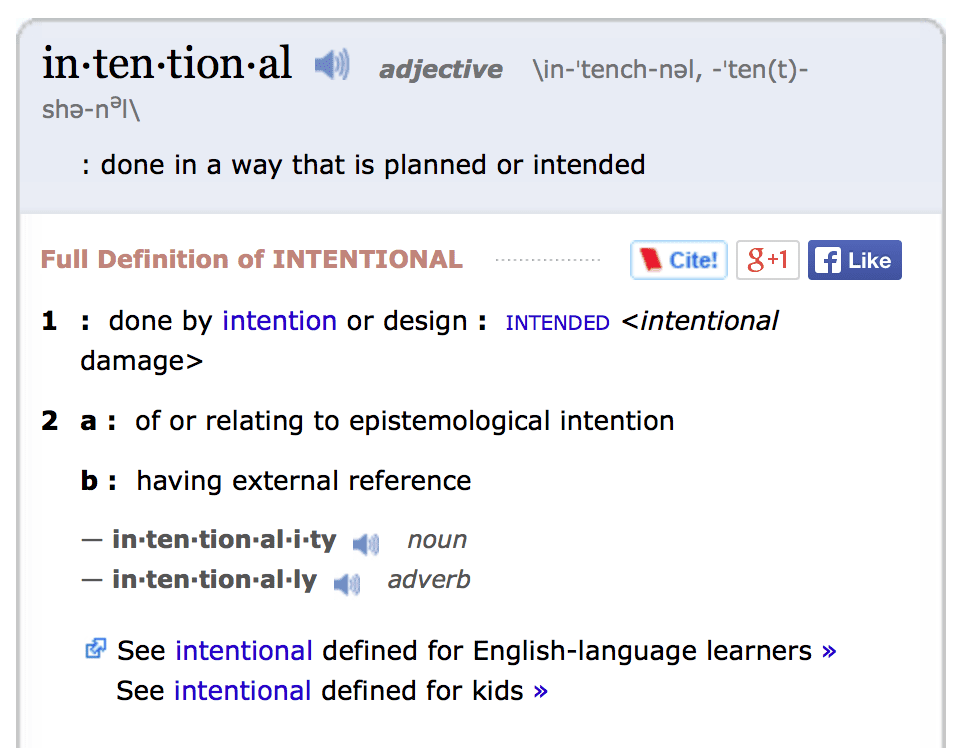 The definition of the word 'intentional'.