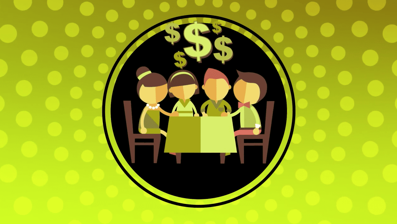 A group of people sitting at a table with a dollar sign.