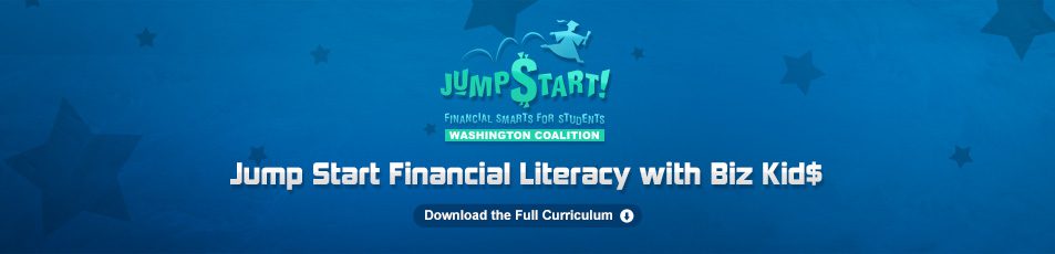 A blue screen with the words jump start financial literacy with ez.