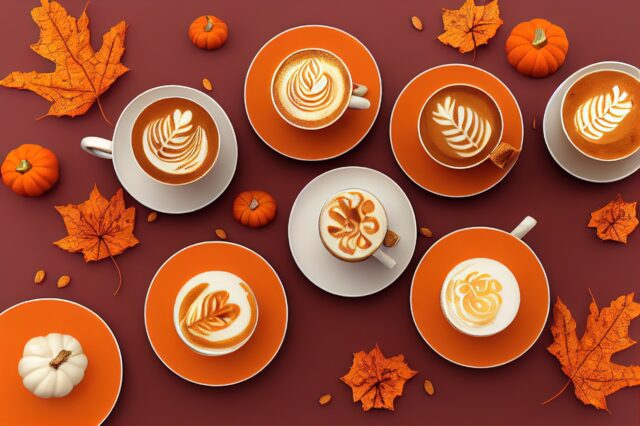 A group of coffee cups surrounded by autumn leaves and pumpkins.
