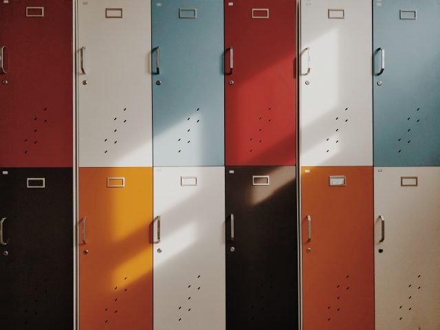 A row of colorful lockers.