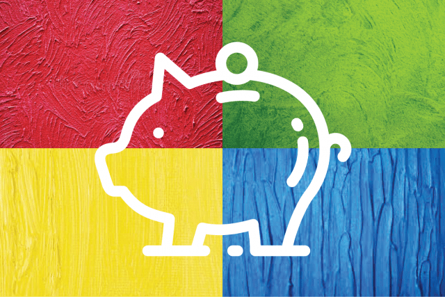 A white line drawing of a pig on a colorful background.