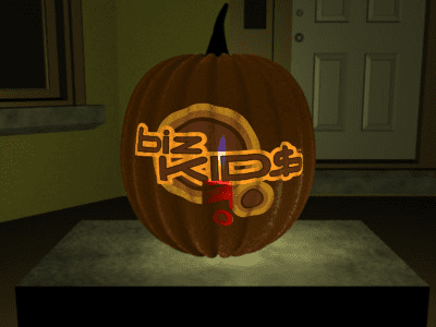 A pumpkin with the word bizkids carved into it.