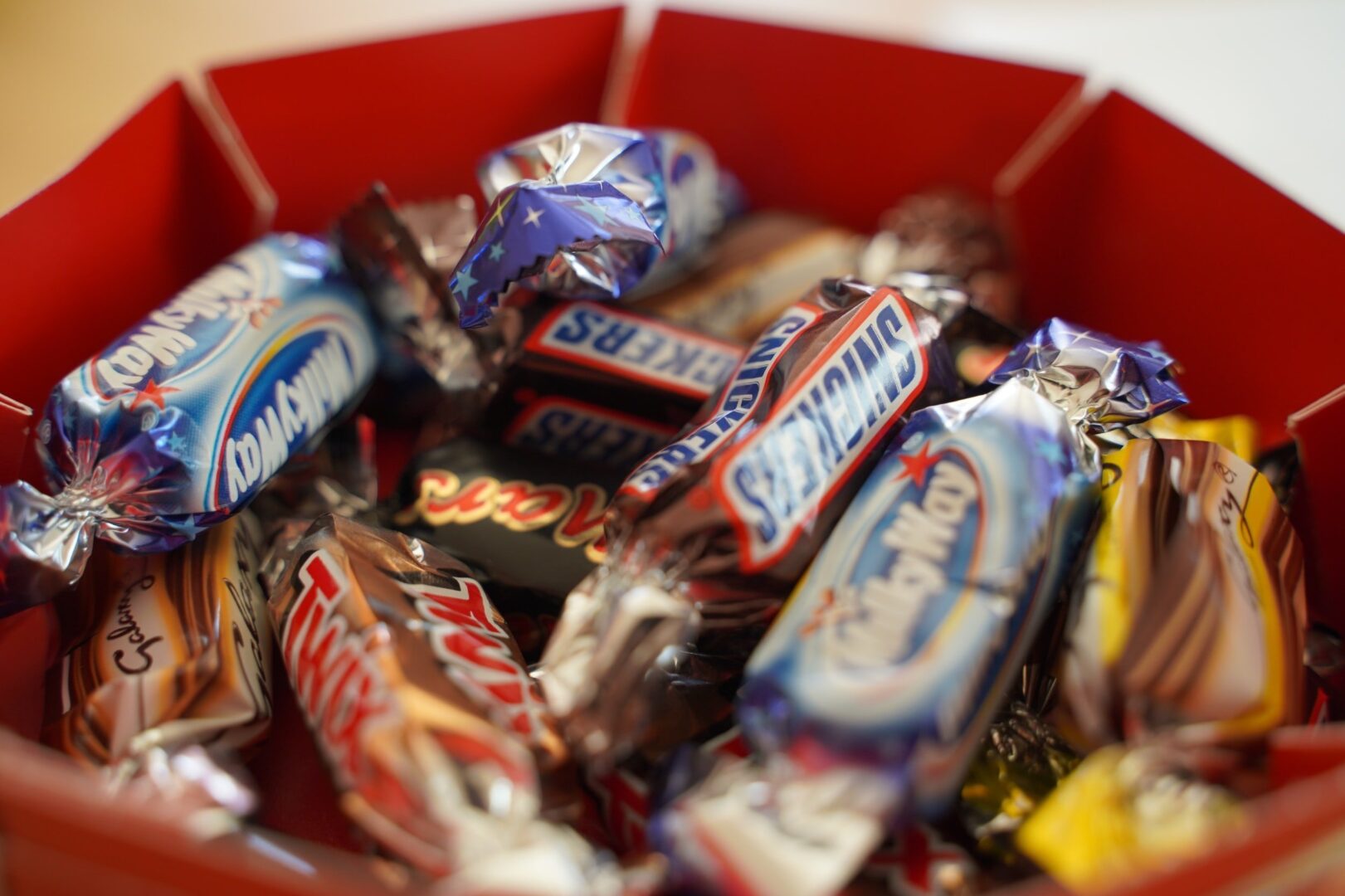 Closeup view of a bowl full of chocolates