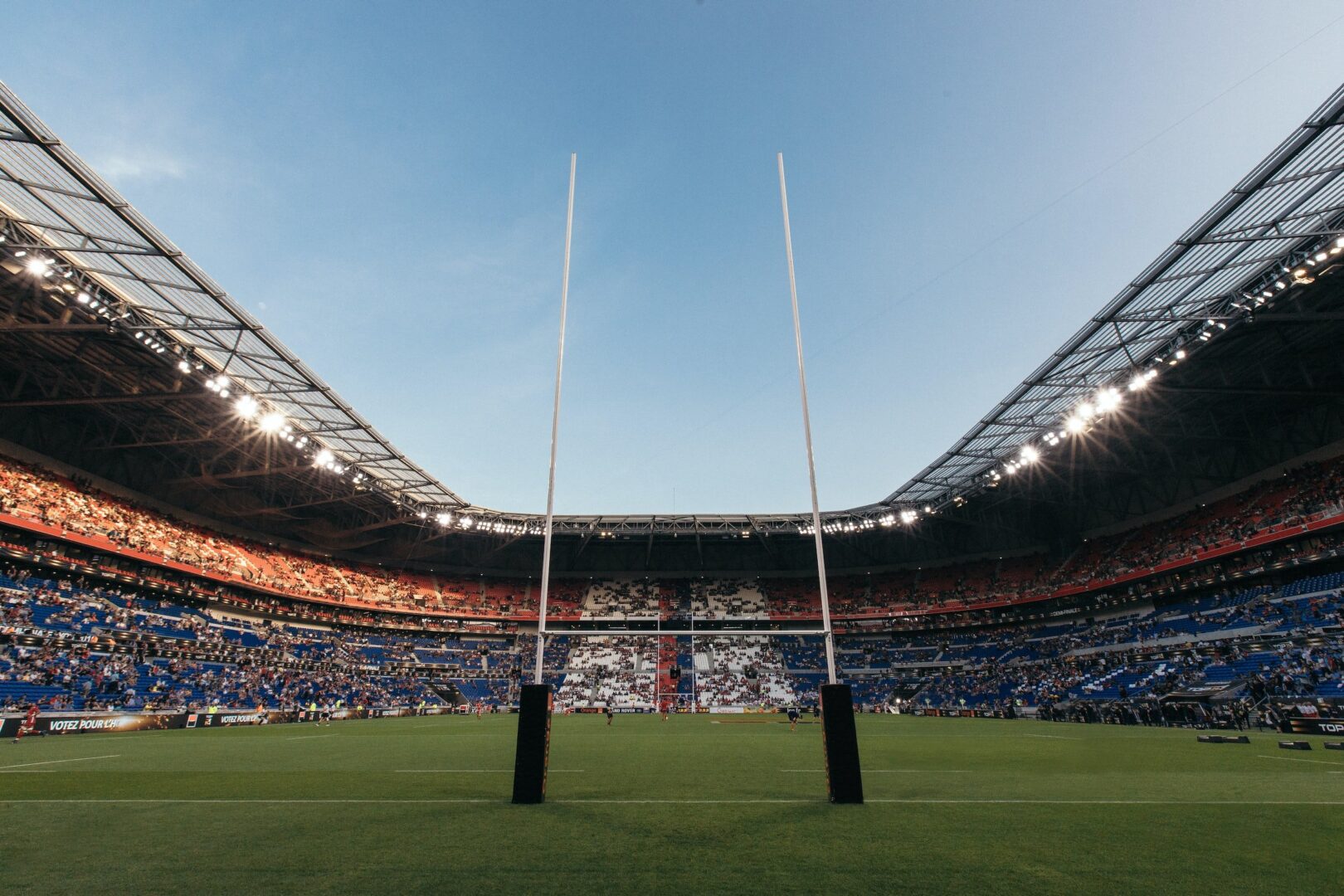 The inside of a rugby stadium.