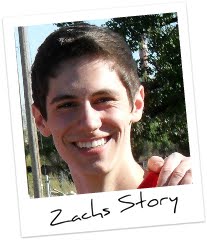 A young man smiling with the words zach's story.